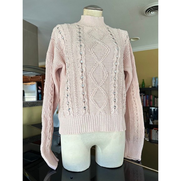 VTG 1980 Blush Ballet Pink Pearl Rhinestone Embellished Cotton Cableknit Sweater - Picture 7 of 12